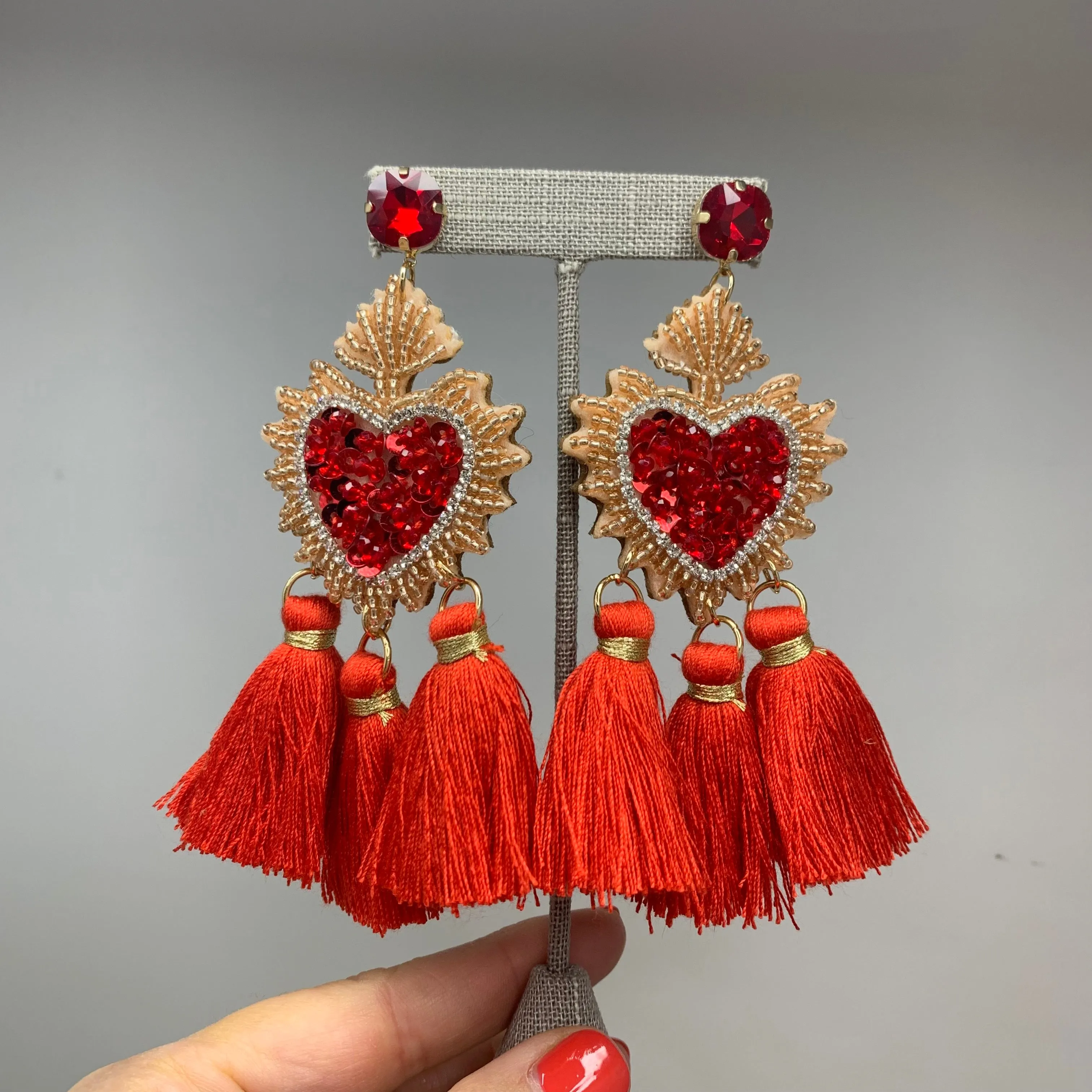 Beaded Heart with Rope Tassel Statement Earrings 230-8 | Erika Williner Designs