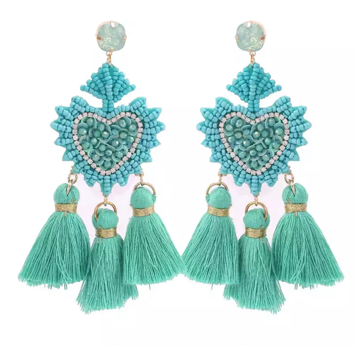 Beaded Heart with Rope Tassel Statement Earrings 230-8 | Erika Williner Designs