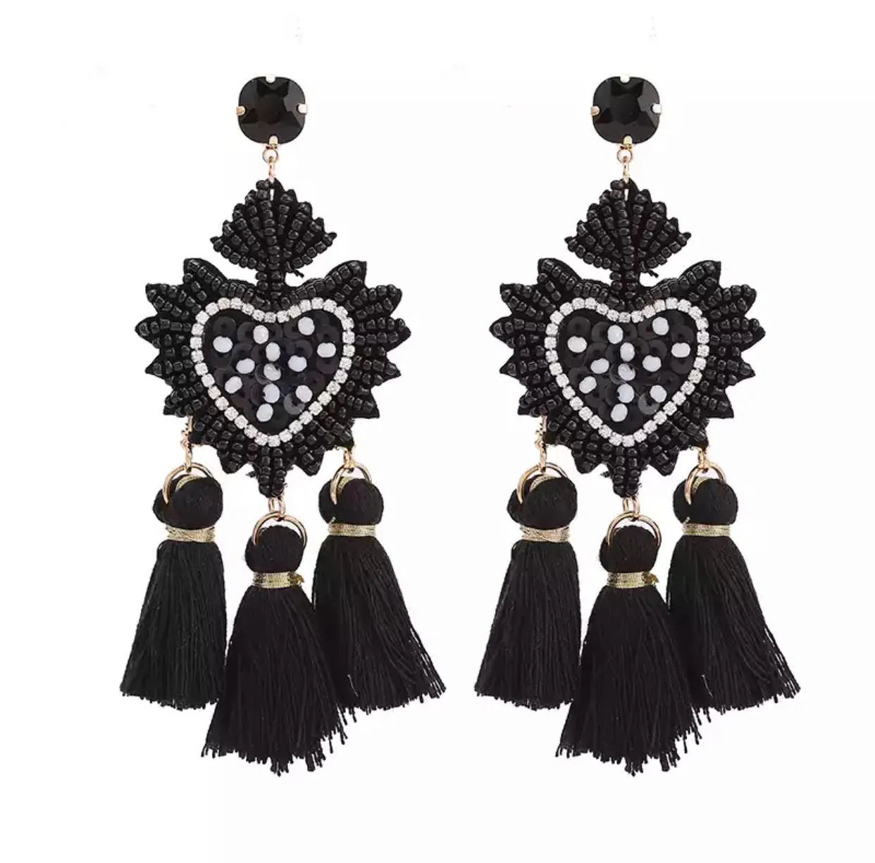 Beaded Heart with Rope Tassel Statement Earrings 230-8 | Erika Williner Designs