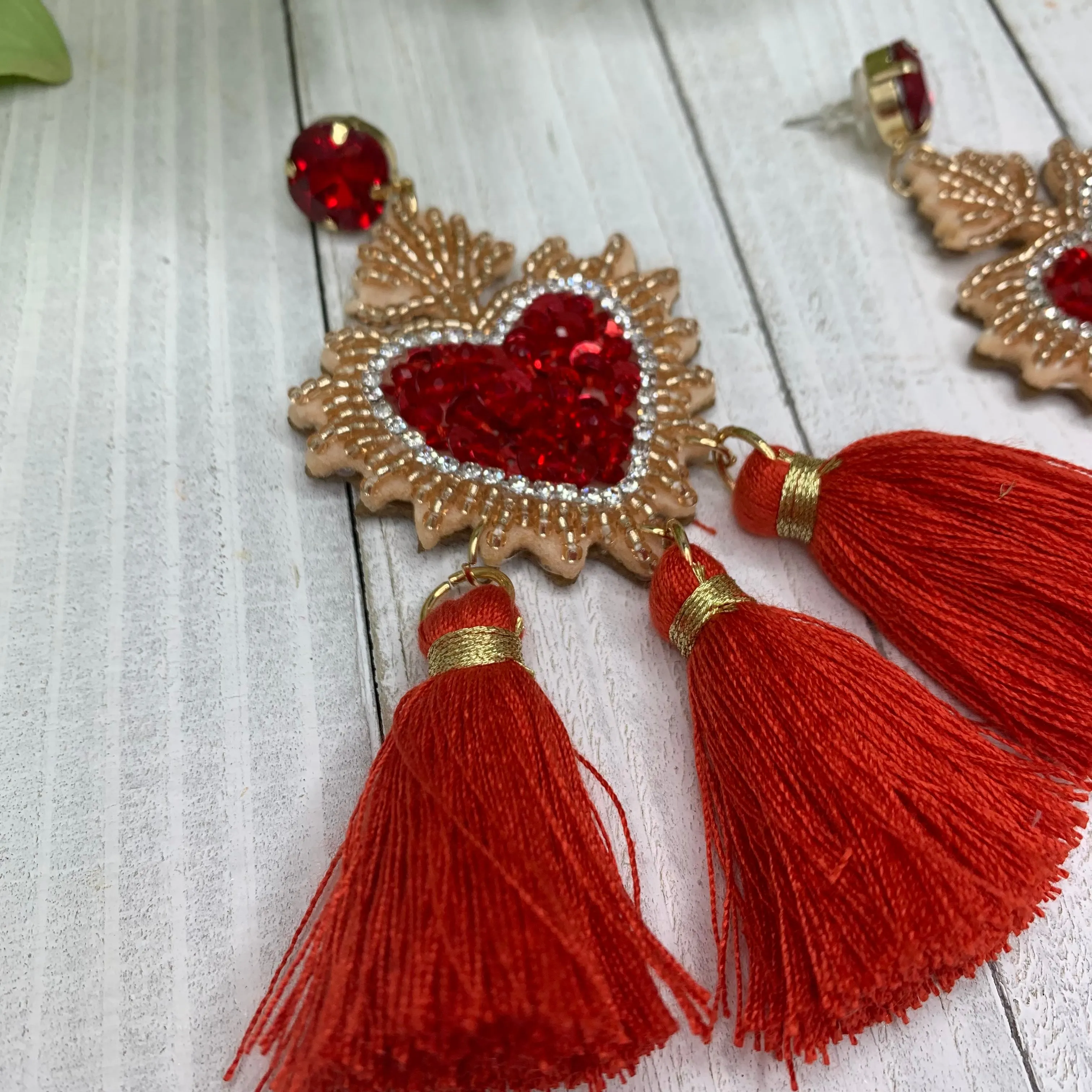Beaded Heart with Rope Tassel Statement Earrings 230-8 | Erika Williner Designs