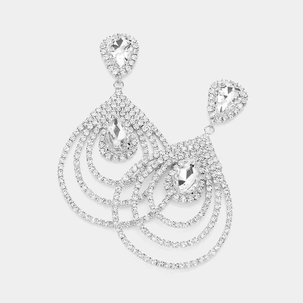 Big Clear Crystal Teardrop and Rhinestone Dangle Pageant Earrings  | Prom Jewelry | 616411
