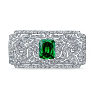 Big Vintage Estate Jewelry Scroll CZ Green Emerald Ruby Sapphire Brooche Pin Silver