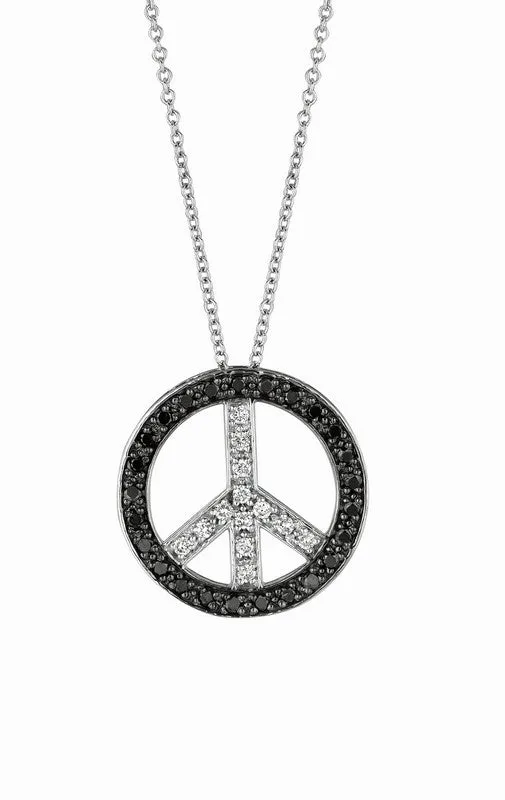 BLACK & WHITE DIAMOND PEACE SIGN PENDANT NECKLACE 14K GOLD (0.5 CTW)