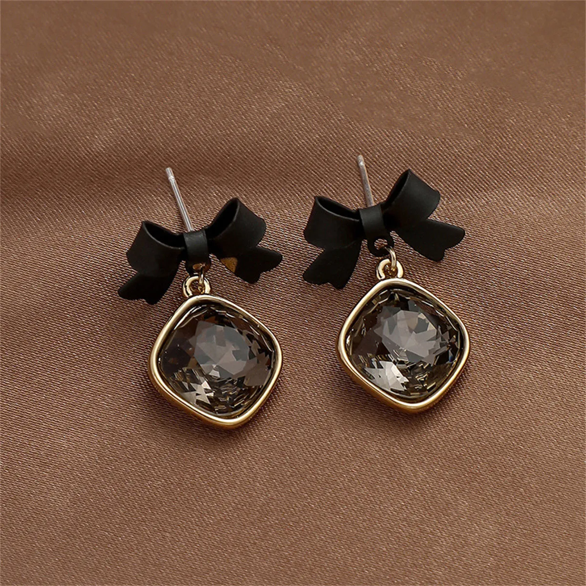 Black Enamel & Crystal Bow Drop Earrings