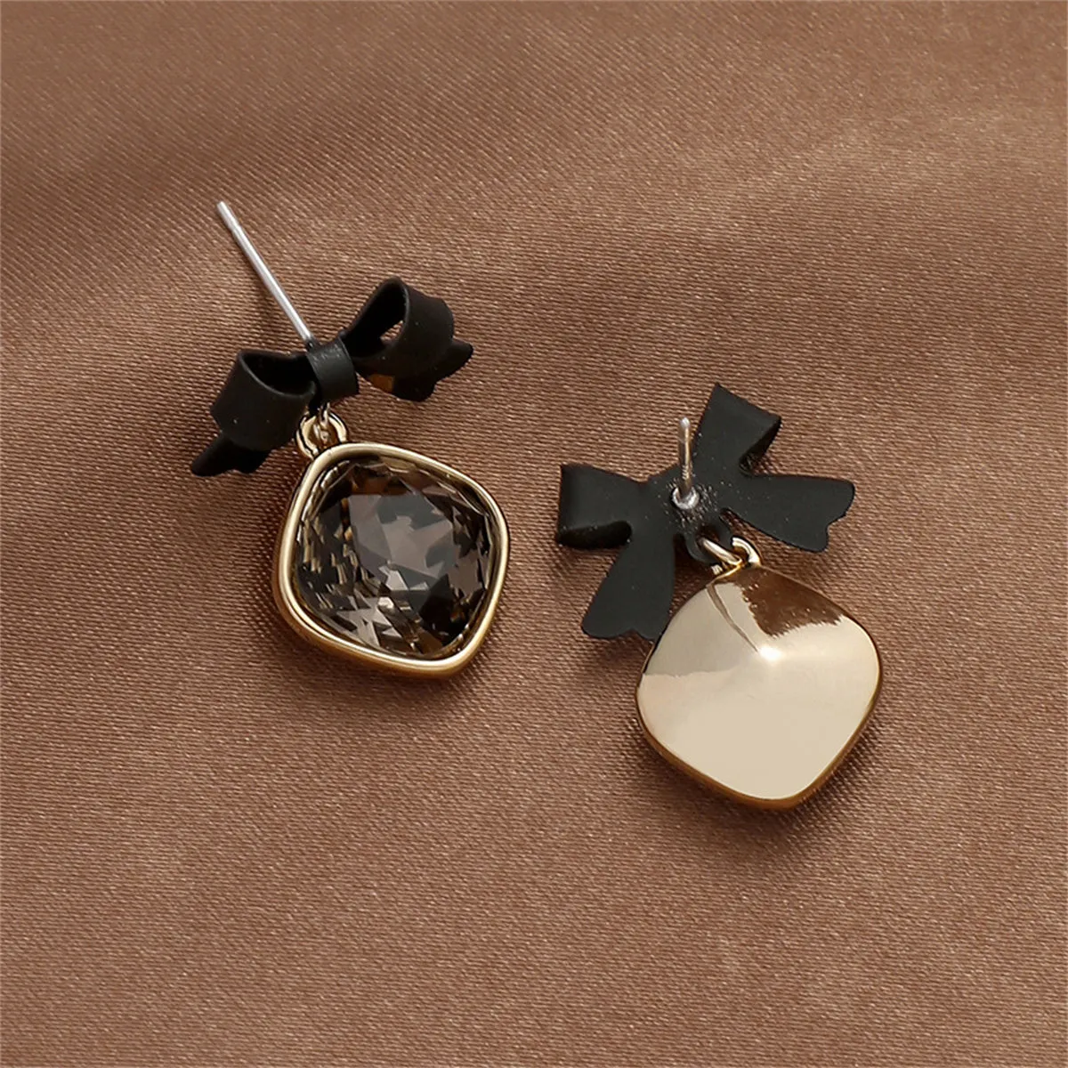Black Enamel & Crystal Bow Drop Earrings