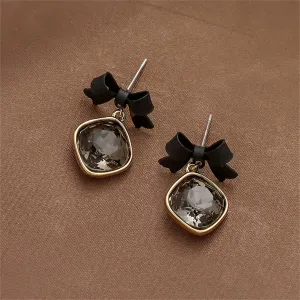 Black Enamel & Crystal Bow Drop Earrings