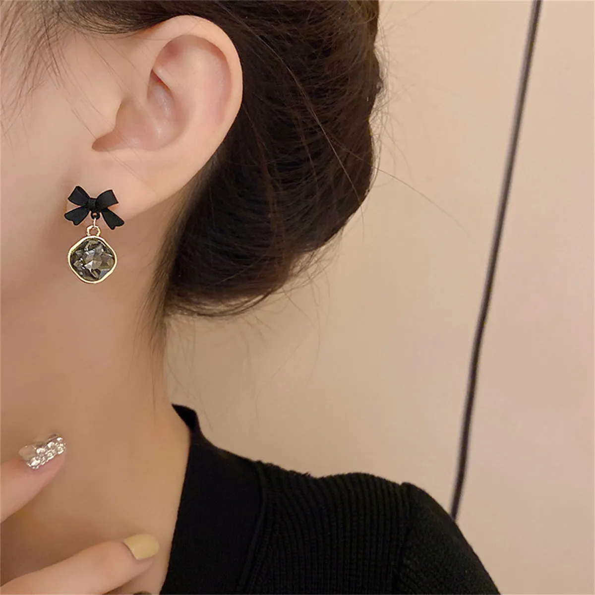 Black Enamel & Crystal Bow Drop Earrings