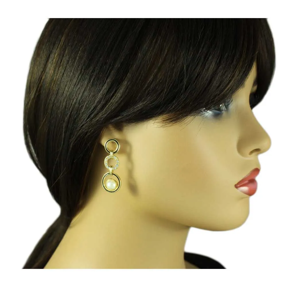 Black Enamel and Clear Crystal Circles Pearl Pierced Earring - PRE934