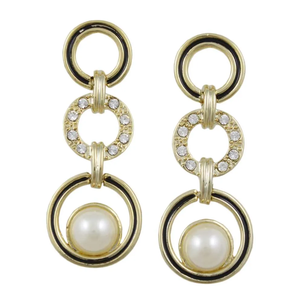 Black Enamel and Clear Crystal Circles Pearl Pierced Earring - PRE934