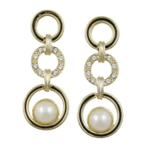 Black Enamel and Clear Crystal Circles Pearl Pierced Earring - PRE934