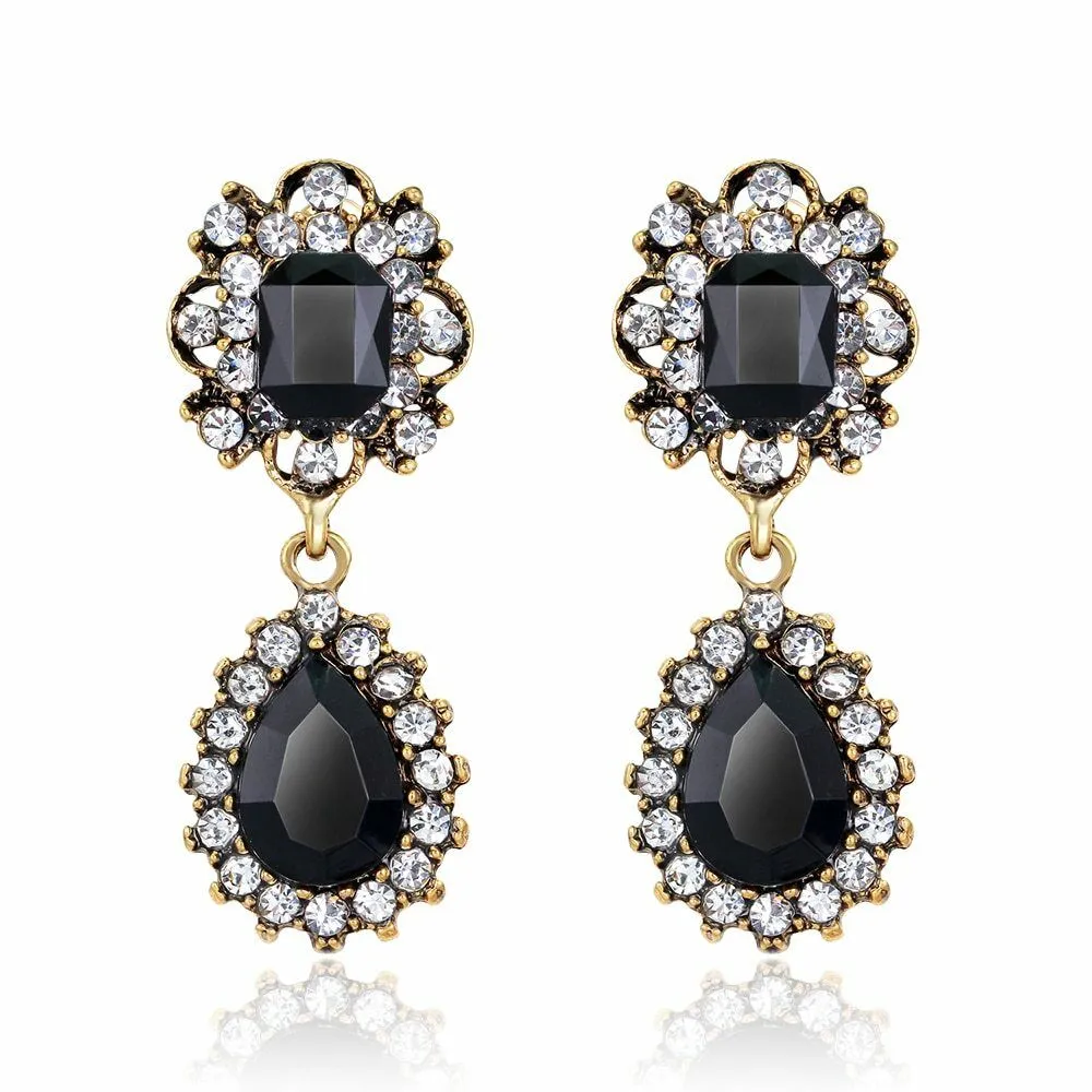 Black Water Drop Crystal Rhinestone Gold Earrings