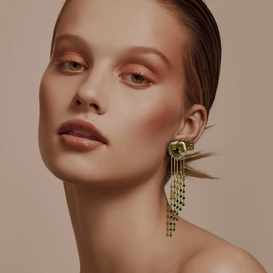 Bloom Medium Twins Flower Green Diamond and Tourmaline Long Dropping Earrings in Yellow Gold