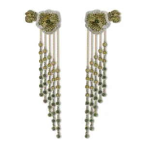Bloom Medium Twins Flower Green Diamond and Tourmaline Long Dropping Earrings in Yellow Gold