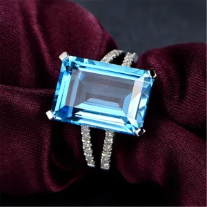 Blue & White Crystal Split-Gallery Emerald-Cut Ring