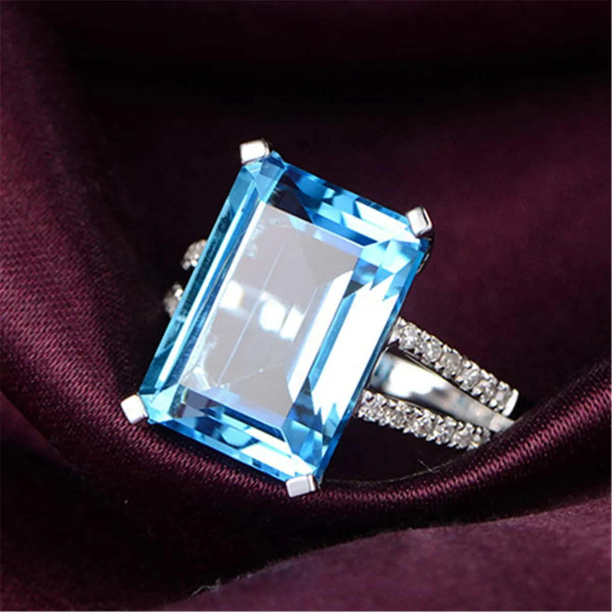 Blue & White Crystal Split-Gallery Emerald-Cut Ring