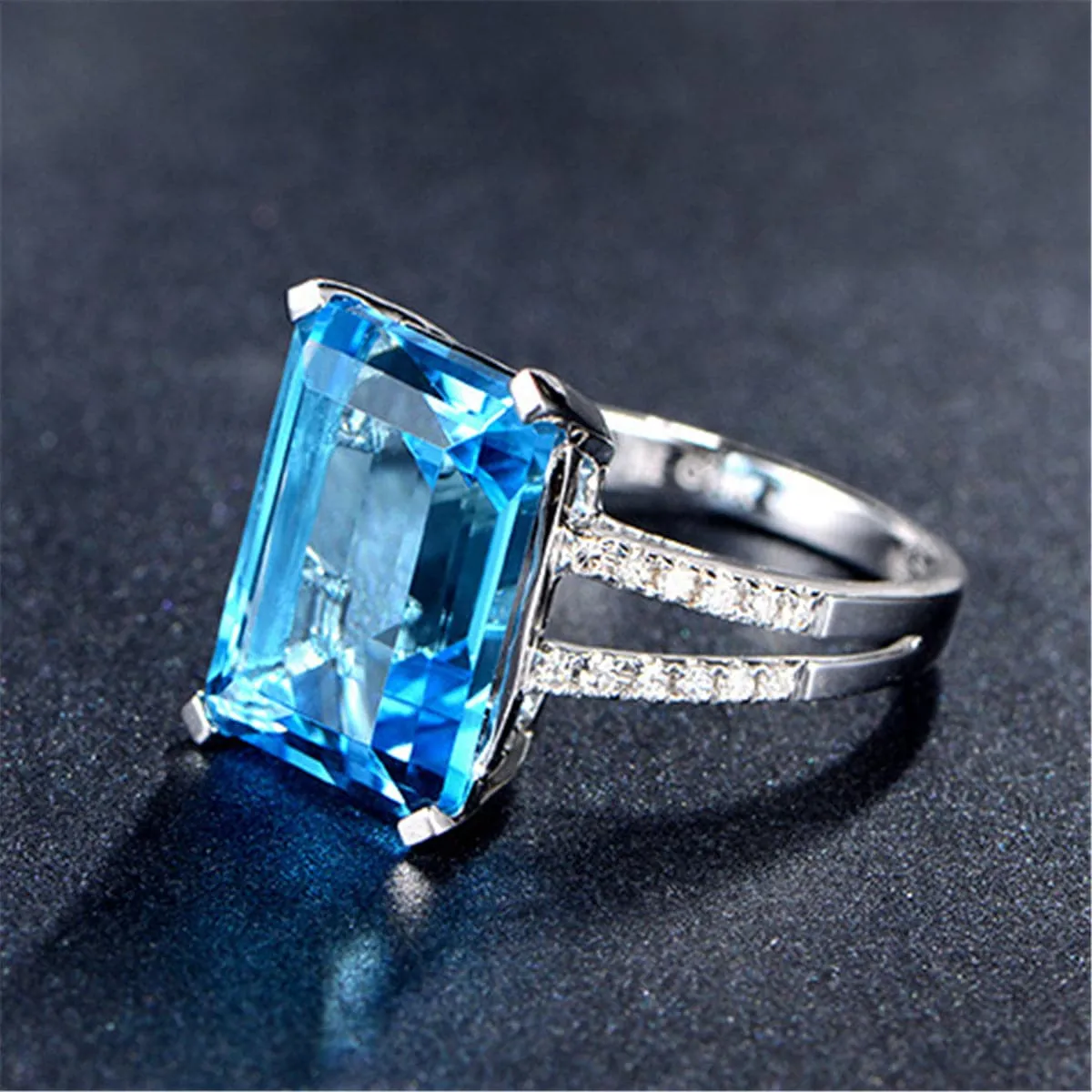 Blue & White Crystal Split-Gallery Emerald-Cut Ring