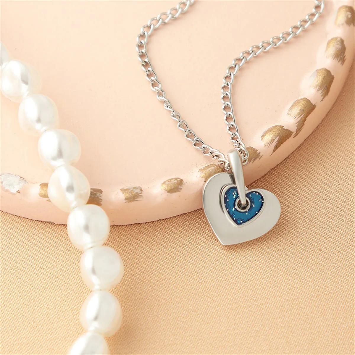 Blue Enamel & Pearl Silver-Plated Heart Pendant Necklace Set