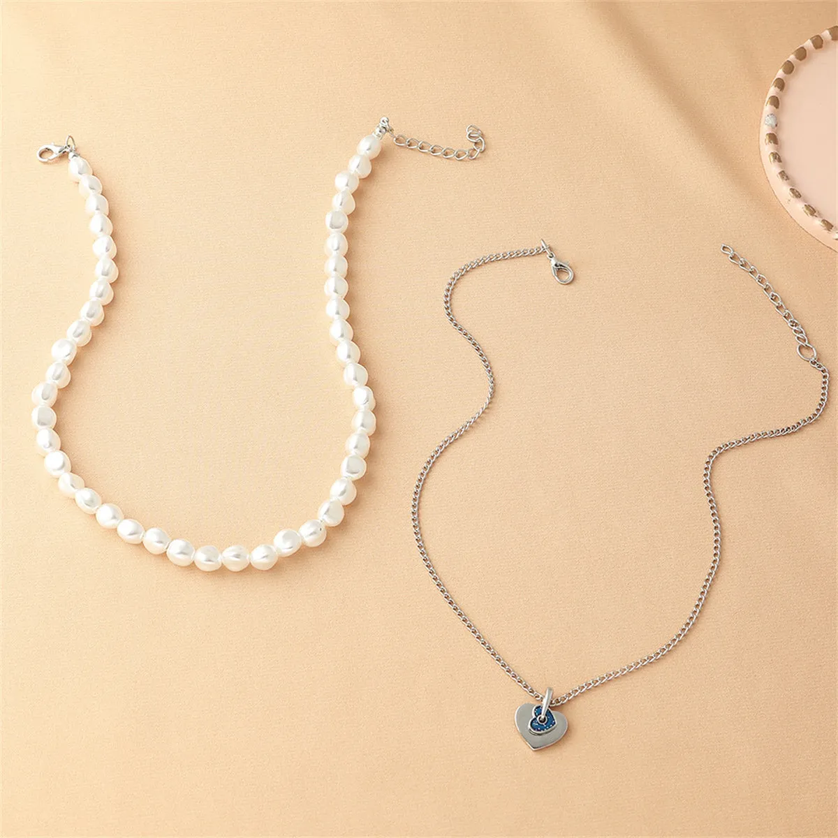 Blue Enamel & Pearl Silver-Plated Heart Pendant Necklace Set