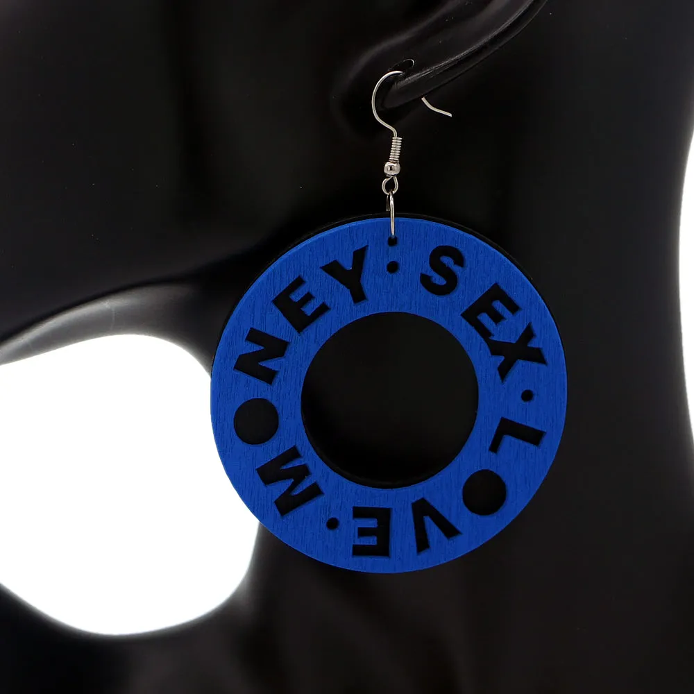 Blue Money Sex Love Wooden Earrings
