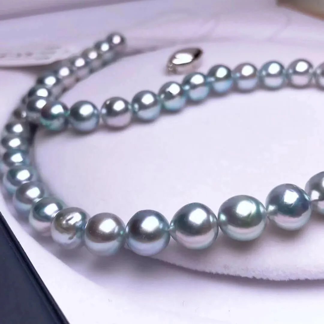 BLUE-ROSE | 8.5-9.0 mm Japanese Natural Silver-Blue Akoya Pearl Necklace - PSL Certificate