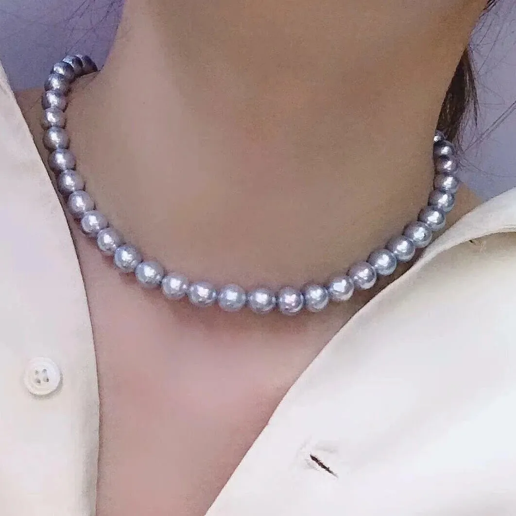 BLUE-ROSE | 8.5-9.0 mm Japanese Natural Silver-Blue Akoya Pearl Necklace - PSL Certificate