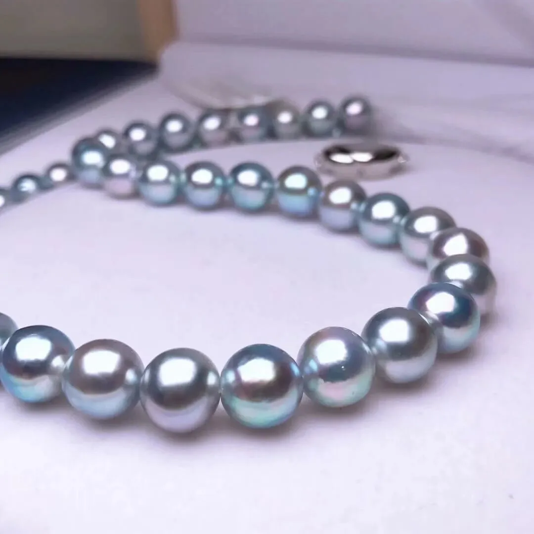 BLUE-ROSE | 8.5-9.0 mm Japanese Natural Silver-Blue Akoya Pearl Necklace - PSL Certificate