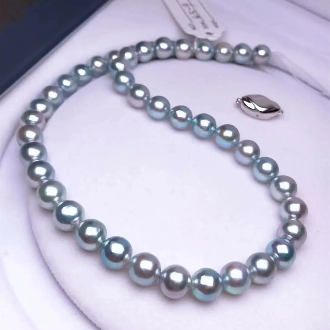BLUE-ROSE | 8.5-9.0 mm Japanese Natural Silver-Blue Akoya Pearl Necklace - PSL Certificate