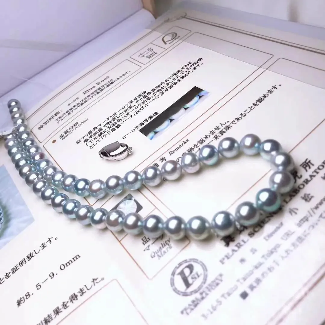 BLUE-ROSE | 8.5-9.0 mm Japanese Natural Silver-Blue Akoya Pearl Necklace - PSL Certificate