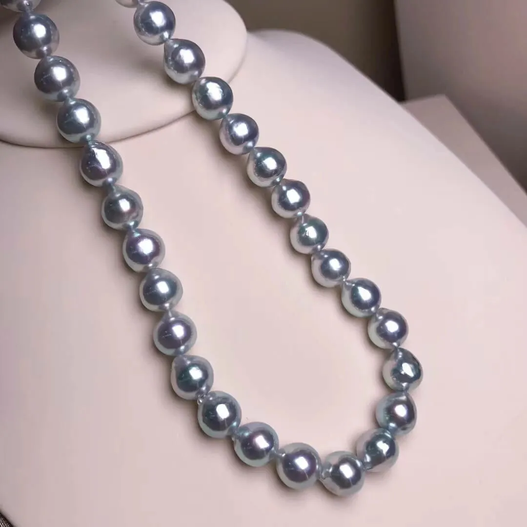 BLUE-ROSE | 8.5-9.0 mm Japanese Natural Silver-Blue Akoya Pearl Necklace - PSL Certificate
