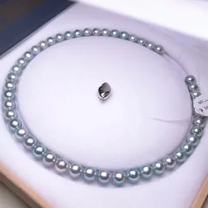 BLUE-ROSE | 8.5-9.0 mm Japanese Natural Silver-Blue Akoya Pearl Necklace - PSL Certificate