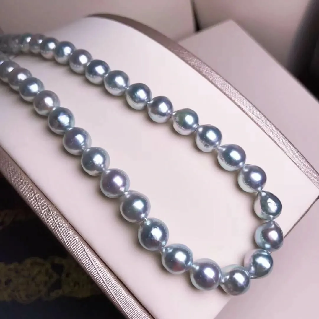 BLUE-ROSE | 8.5-9.0 mm Japanese Natural Silver-Blue Akoya Pearl Necklace - PSL Certificate