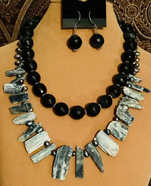 Blue Tiger Eye and Kyanite Blade Necklace and Earring Set  #19154