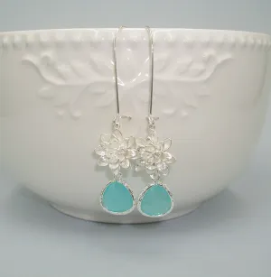 Bridesmaid Earrings Mint Crystal Lotus Flowers