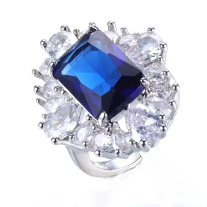 Brilliant Colorless &Blue Cubic Zircon Square Flower Statement Rings for Women Fashion