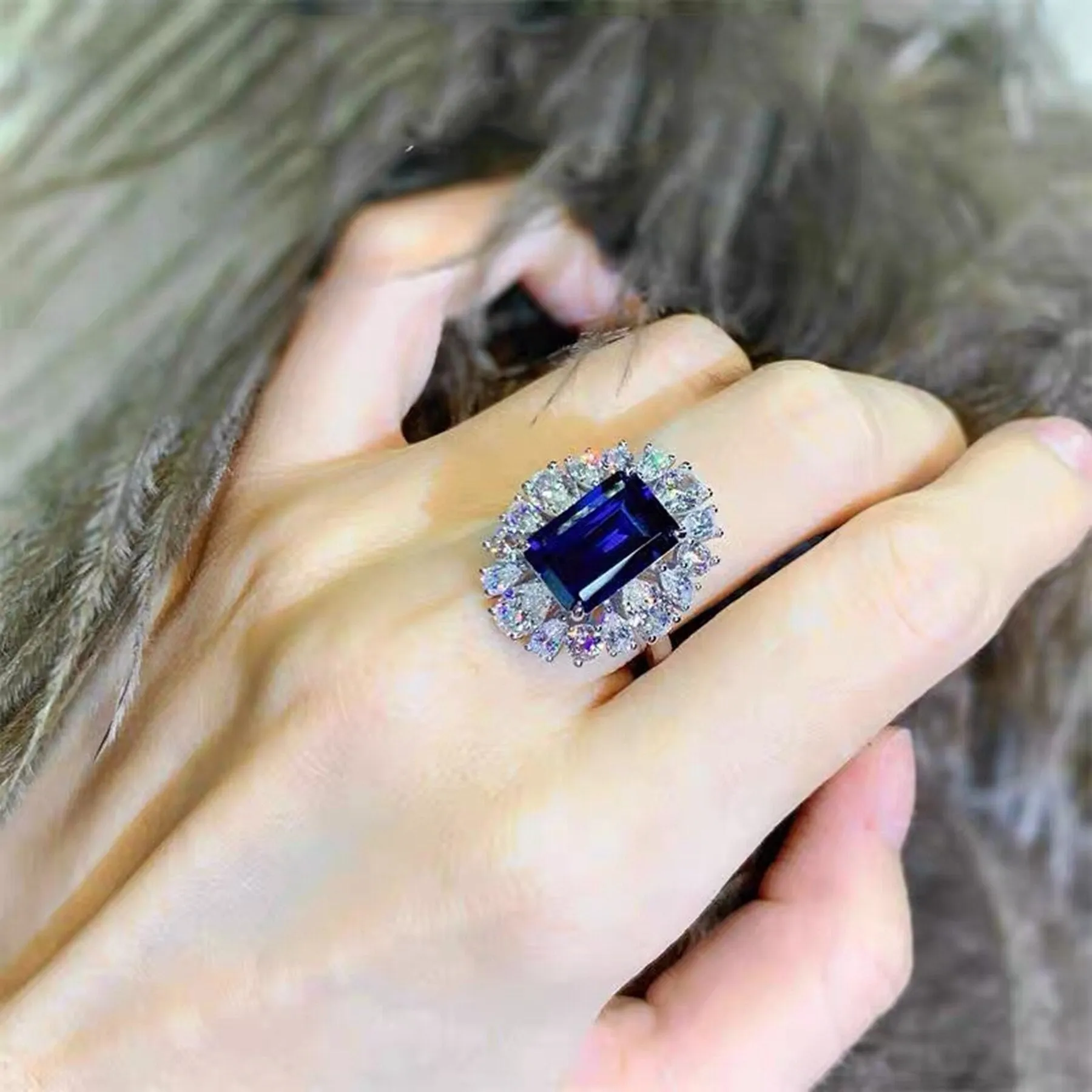 Brilliant Colorless &Blue Cubic Zircon Square Flower Statement Rings for Women Fashion