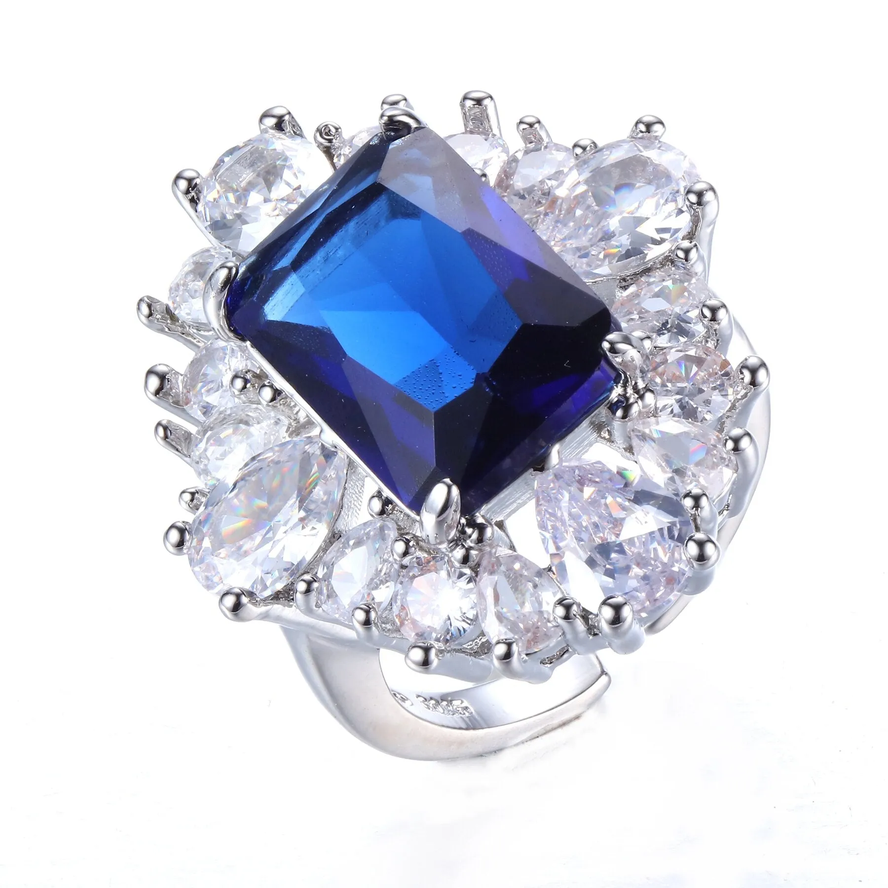 Brilliant Colorless &Blue Cubic Zircon Square Flower Statement Rings for Women Fashion