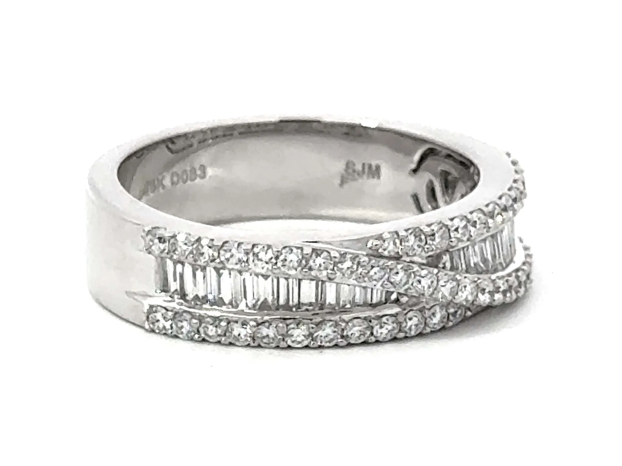 Brilliant Diamond Crossover and Baguette Diamond Band Ring 14k White Gold