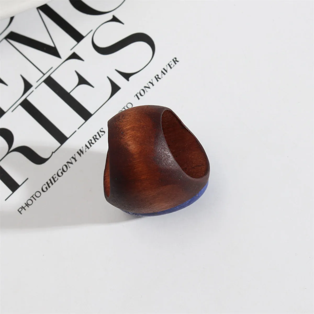 Brown Wood & Lapis Oval-Cut Ring