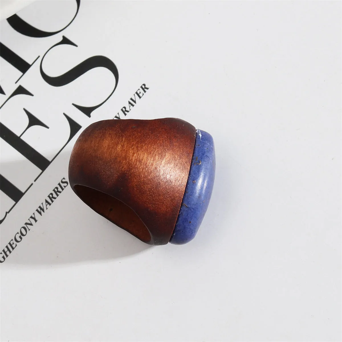 Brown Wood & Lapis Oval-Cut Ring