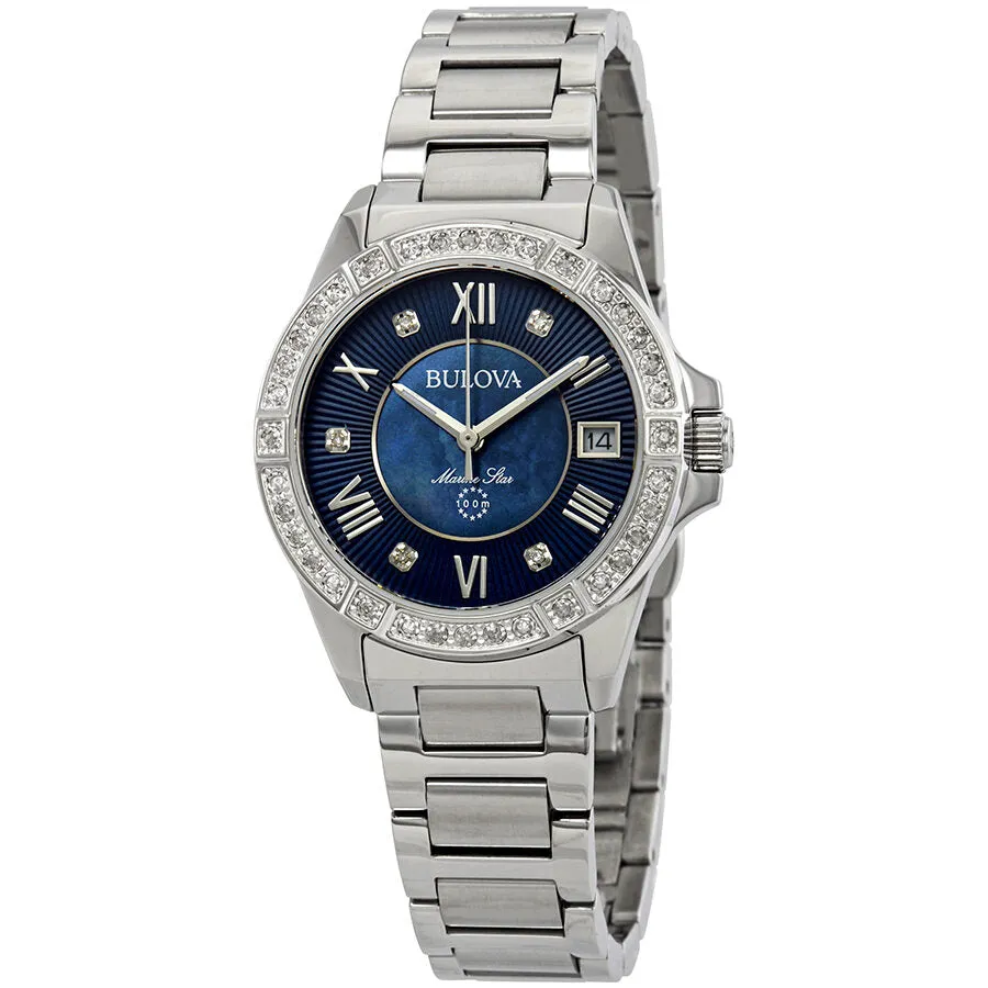 Bulova Marine Star Midnight Blue Mother of Pearl Diamond Dial Ladies Watch 96R215