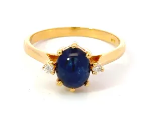 Cabochon Blue Sapphire Diamond Ring 18k Yellow Gold
