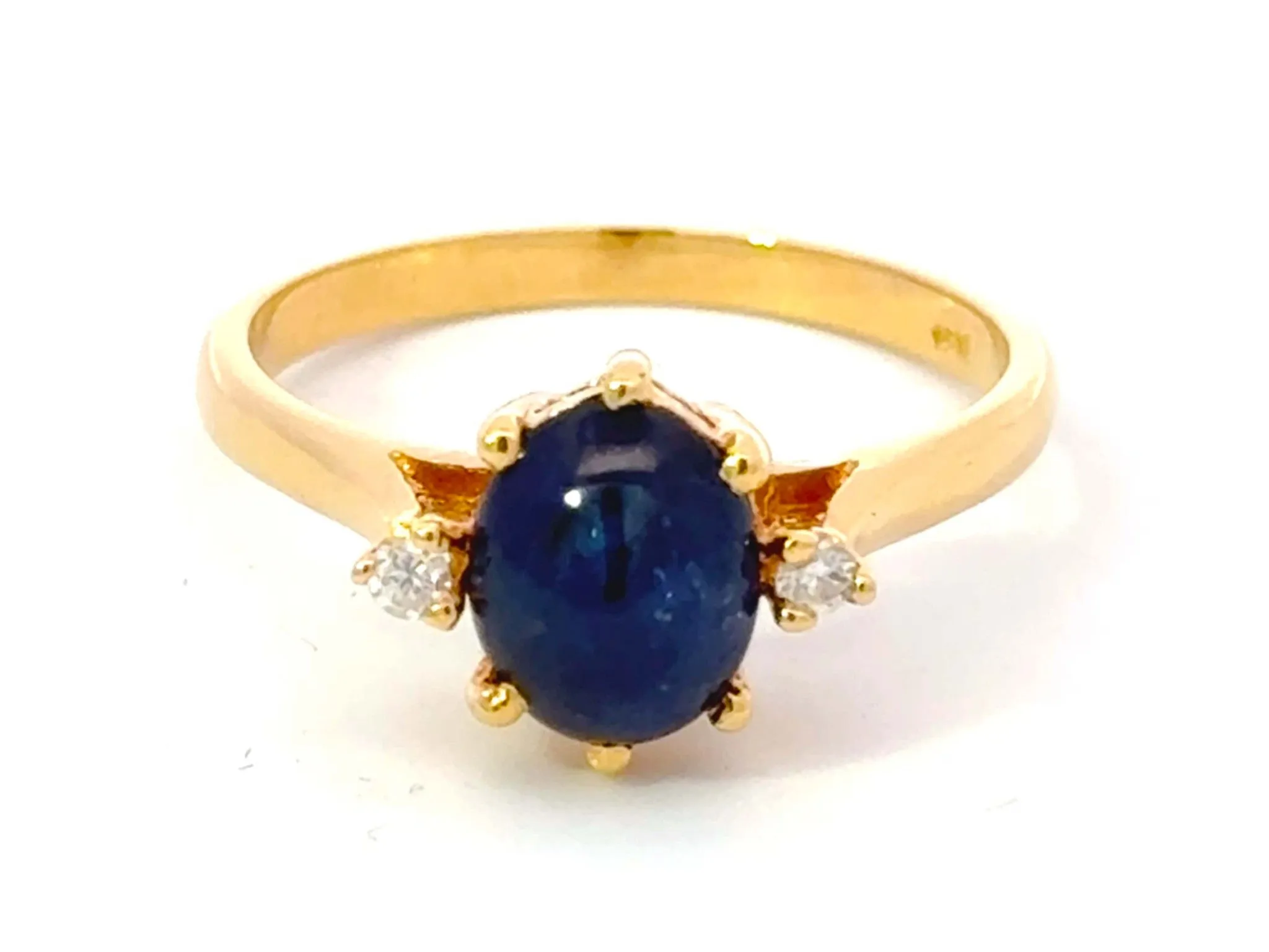 Cabochon Blue Sapphire Diamond Ring 18k Yellow Gold