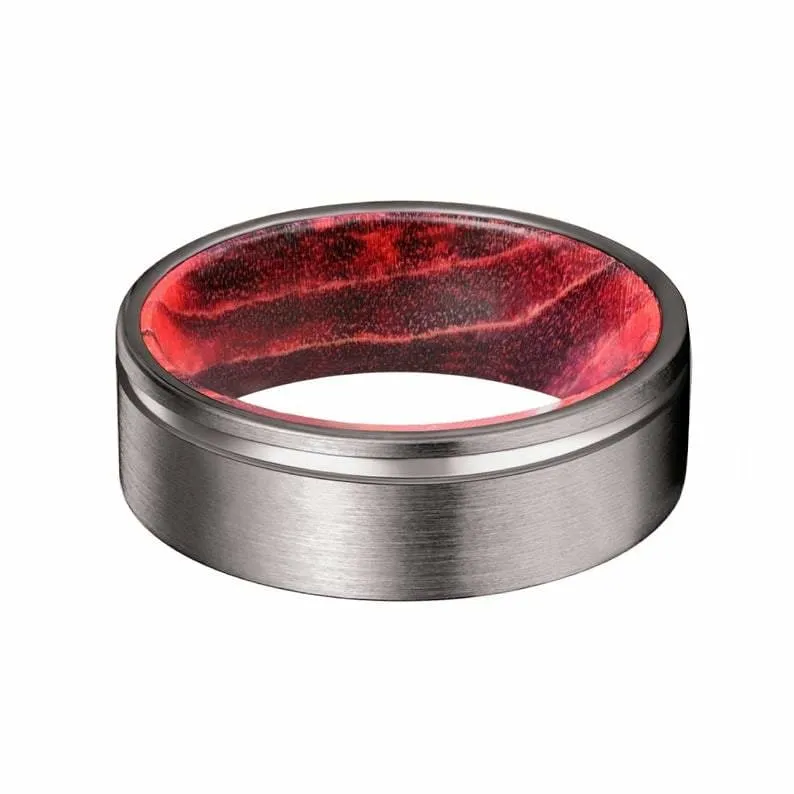 CAIRO Pipe Cut Men's Grooved Tungsten Ring with Black Red Elder Wood Sleeve 8mm
