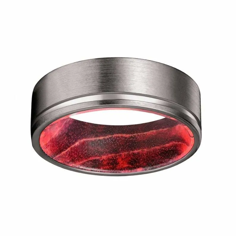 CAIRO Pipe Cut Men's Grooved Tungsten Ring with Black Red Elder Wood Sleeve 8mm