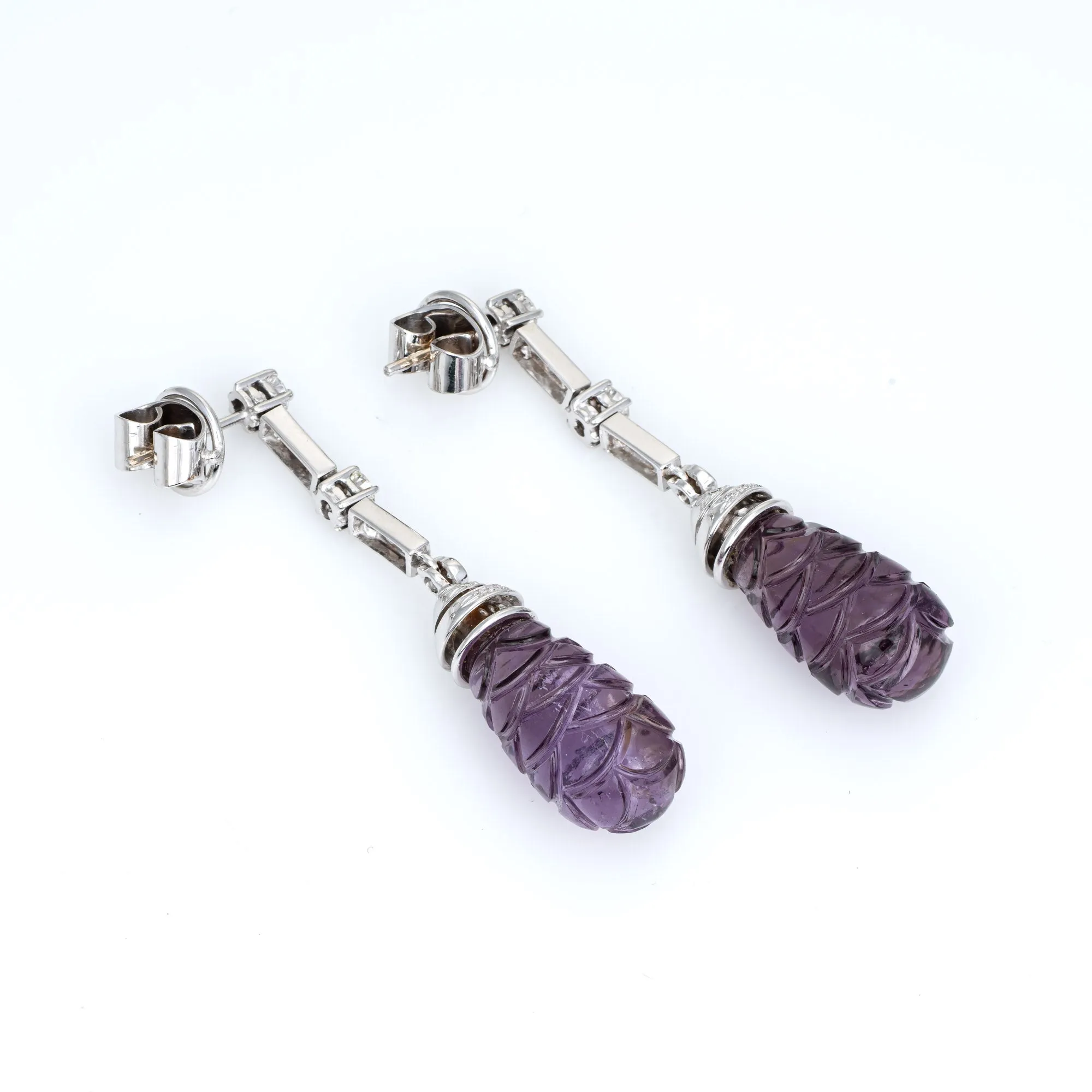 Carved Amethyst Earrings Diamond Estate 18k White Gold Long 2" Pendant Drops