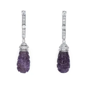 Carved Amethyst Earrings Diamond Estate 18k White Gold Long 2" Pendant Drops