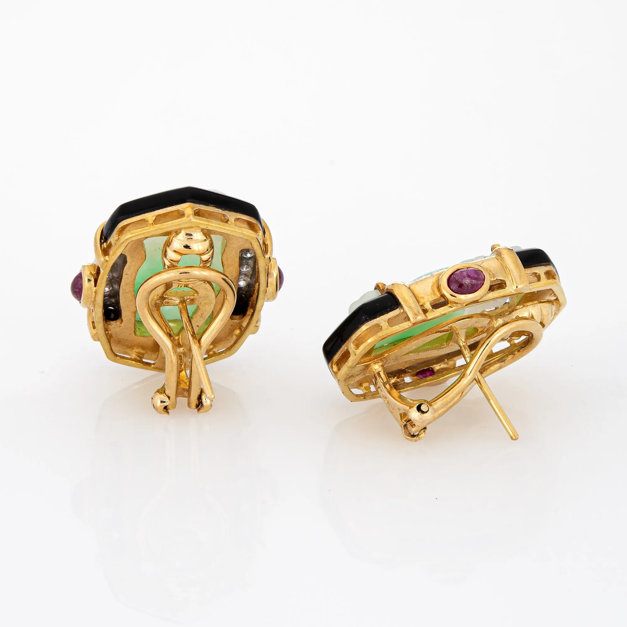 Carved Jade Ruby Diamond Onyx Earrings Vintage 18k Yellow Gold Fine Jewelry