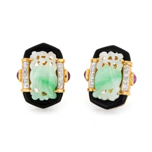 Carved Jade Ruby Diamond Onyx Earrings Vintage 18k Yellow Gold Fine Jewelry