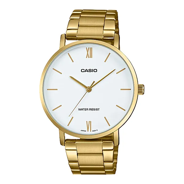 Casio Gold Stainless Steel White Dial Quartz Watch for Gents - MTP-VT01G-7BUDF