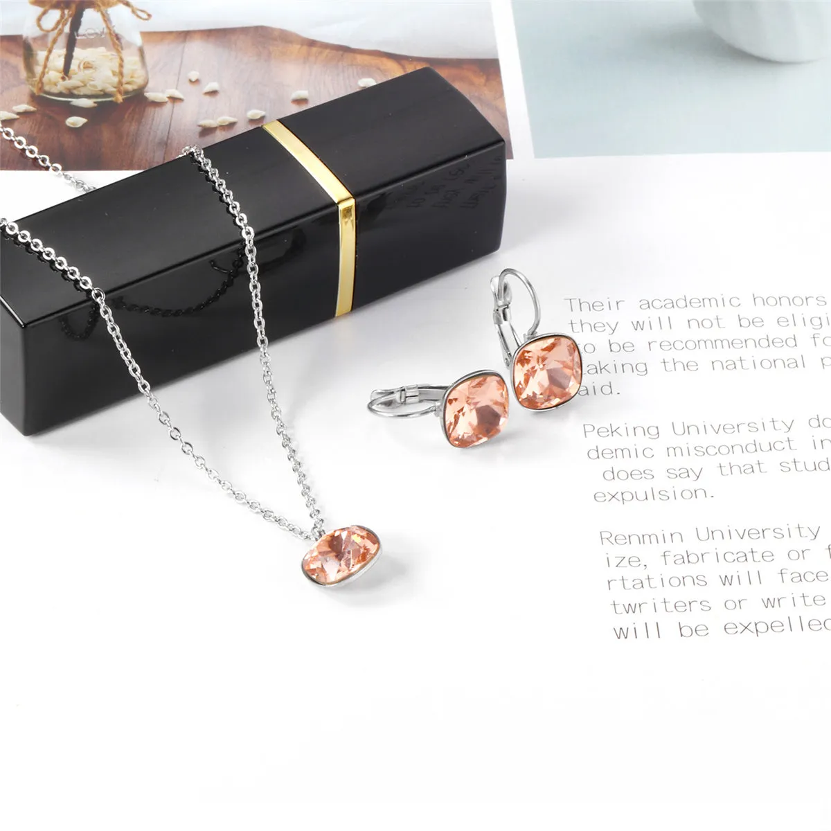 Champagne Crystal & Silver-Plated Square Huggie Earring Set